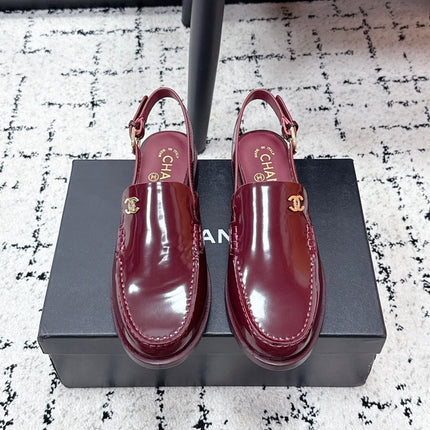 CHANEL 26S SLINGBACK LOAFERS IN BURGUNDY RED PATENT CALFSKIN WITH CC LOGO