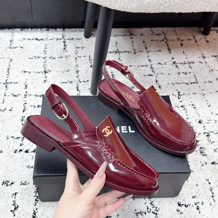 CHANEL 26S SLINGBACK LOAFERS IN BURGUNDY RED PATENT CALFSKIN WITH CC LOGO