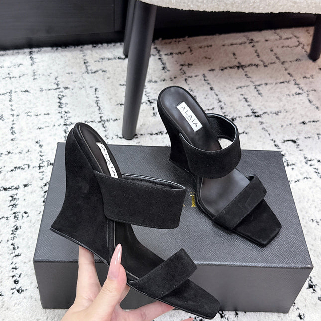 ALAIA 26S DOUBLE STRAP WEDGE SANDALS 95 MM IN BLACK SUEDE