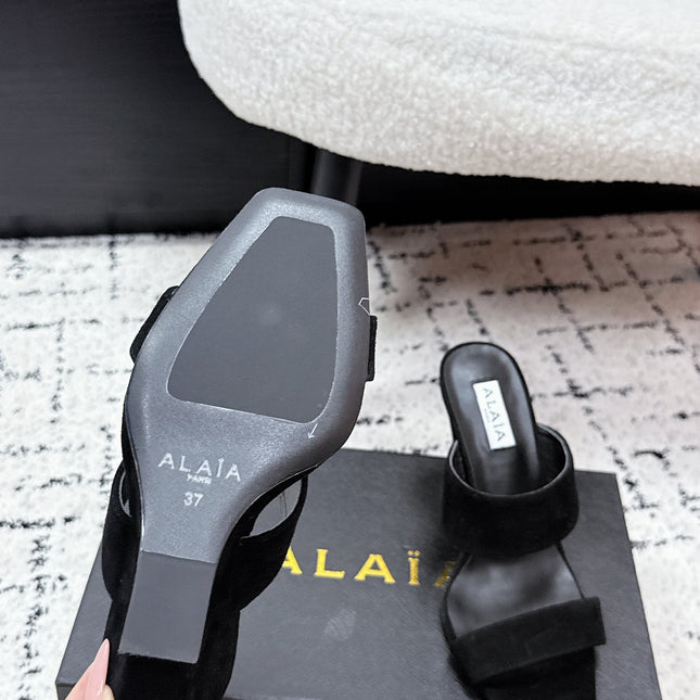ALAIA 26S DOUBLE STRAP WEDGE SANDALS 70 MM IN BLACK SUEDE