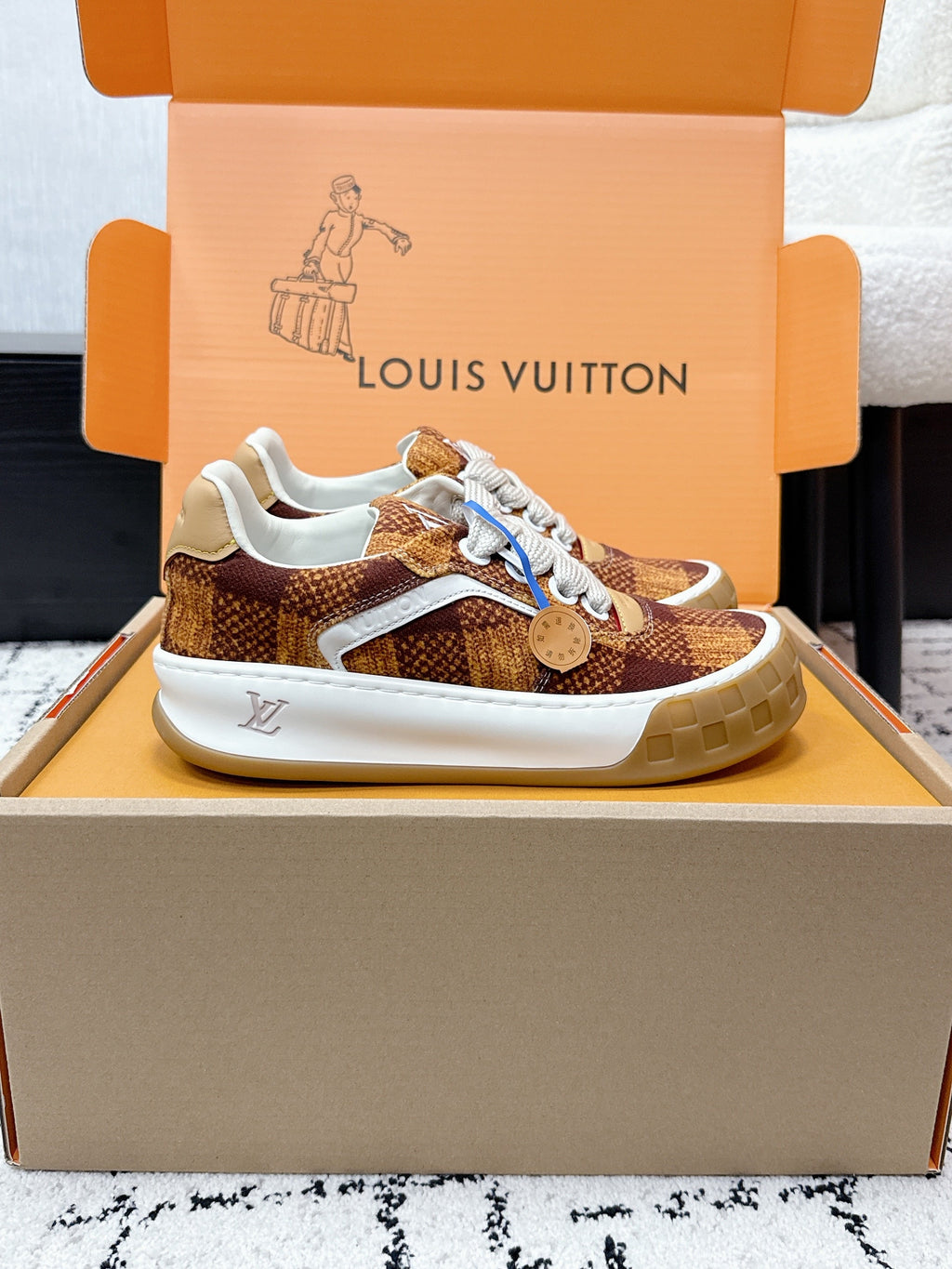 LV 26S TILTED SNEAKERS 40MM IN COGNAC BROWN FABRIC