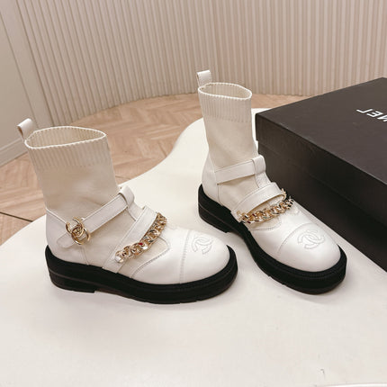 CHANEL ANKLE BOOTS 25S IN CREAM WHITE LAMBSKIN AND FABRIC WITH GOLD HARDWARE