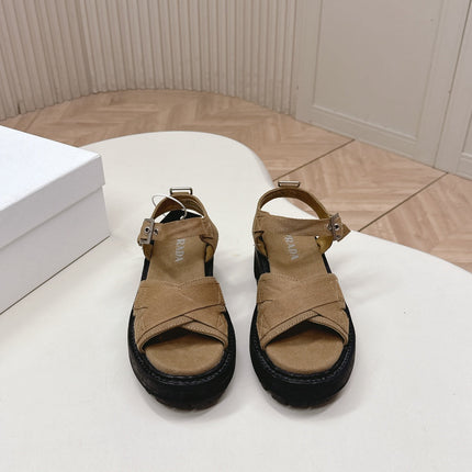 PRADA 26S CROSS STRAP CHUNKY SOLE SANDALS IN BROWN CANVAS