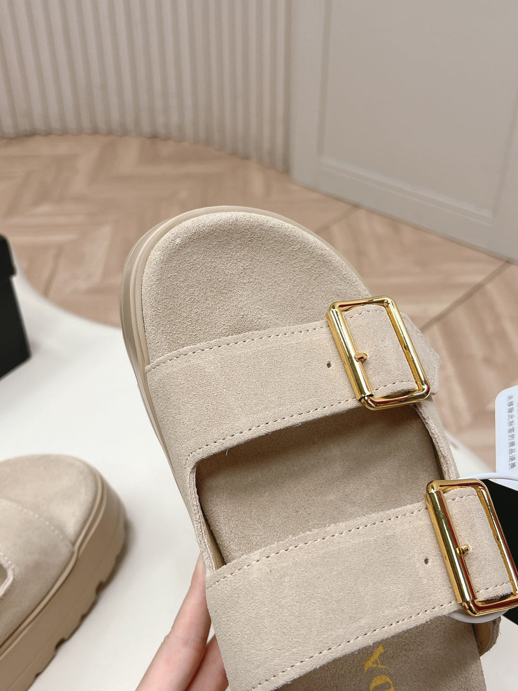 PRADA 26S DOUBLE STRAP PLATFORM SLIDES SANDALS IN BEIGE SUEDE