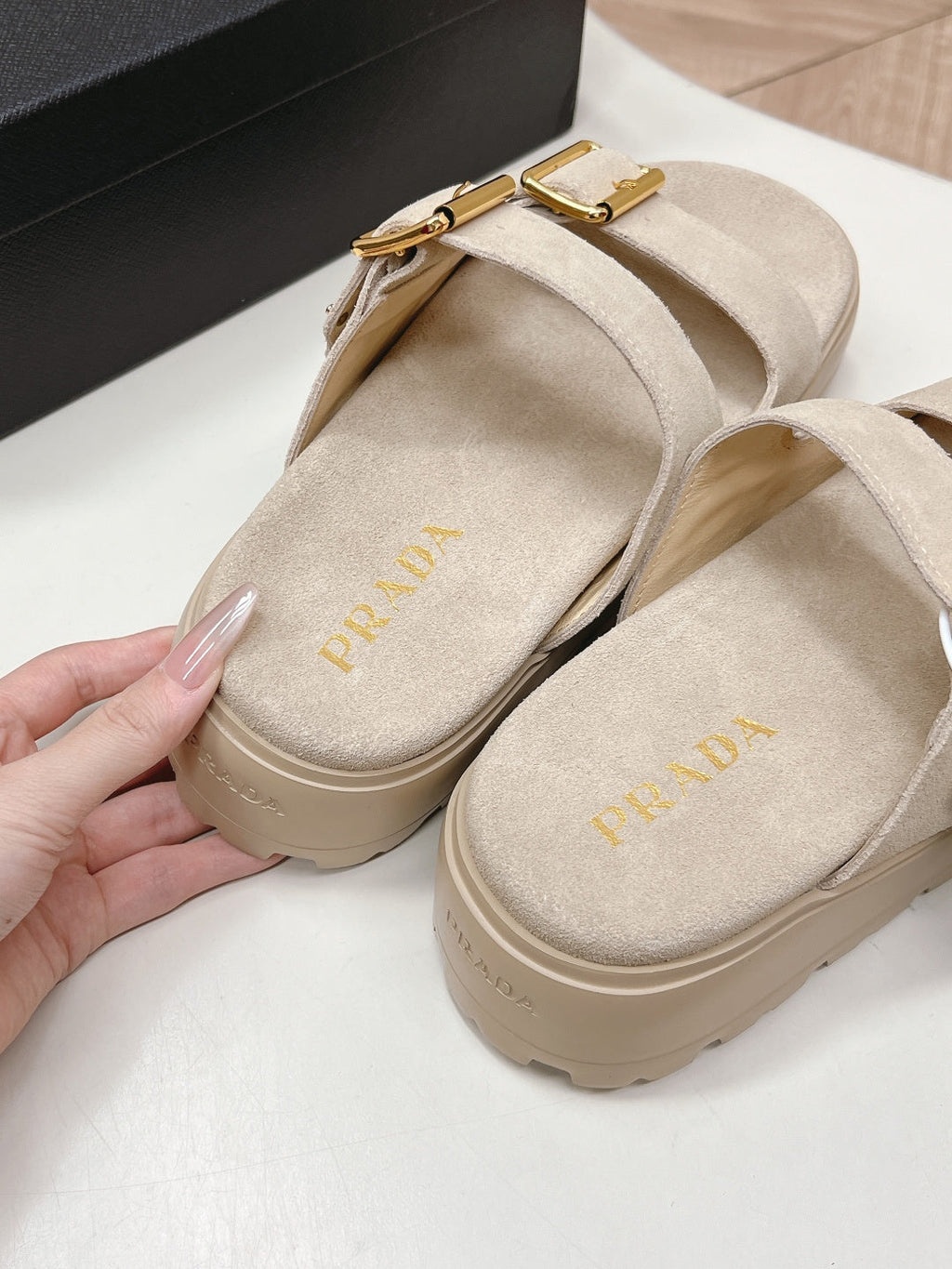PRADA 26S DOUBLE STRAP PLATFORM SLIDES SANDALS IN BEIGE SUEDE