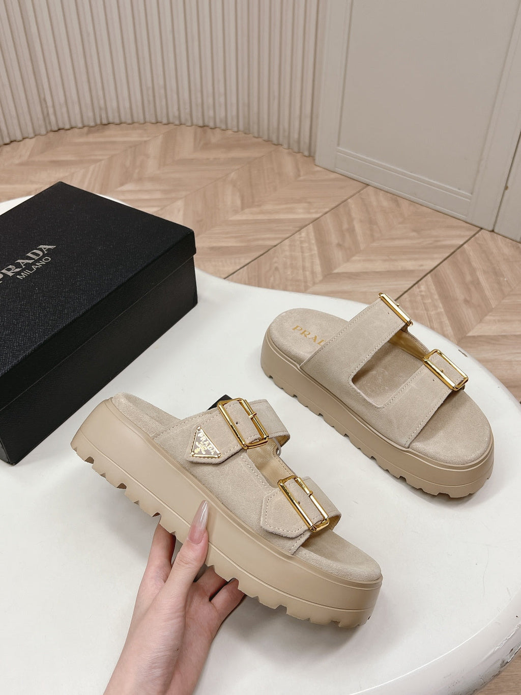 PRADA 26S DOUBLE STRAP PLATFORM SLIDES SANDALS IN BEIGE SUEDE