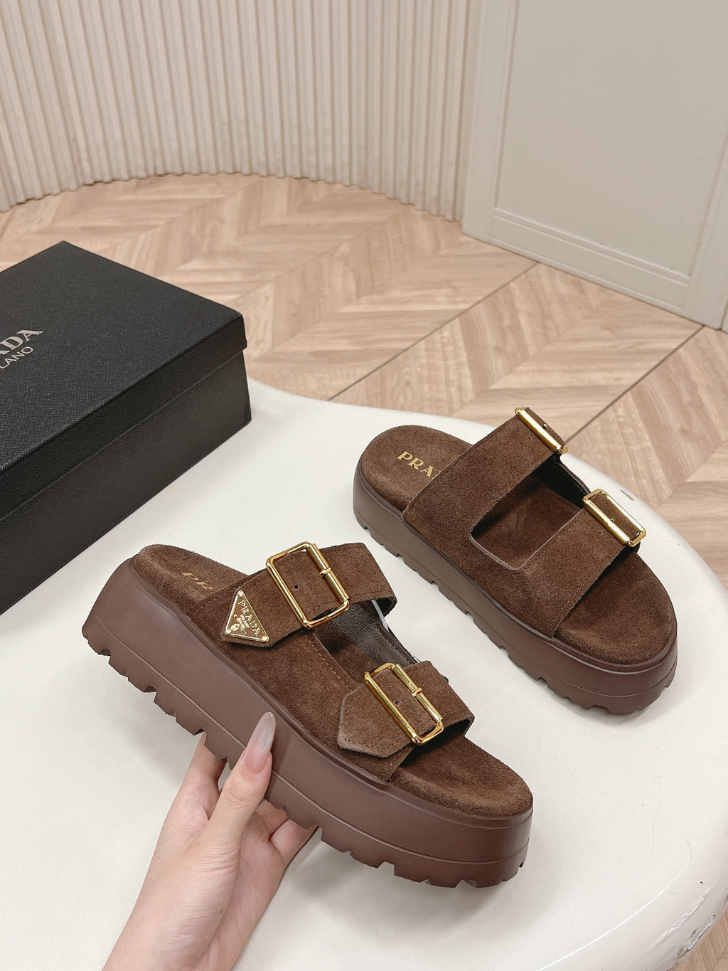 PRADA 26S DOUBLE STRAP PLATFORM SLIDES SANDALS IN BROWN SUEDE