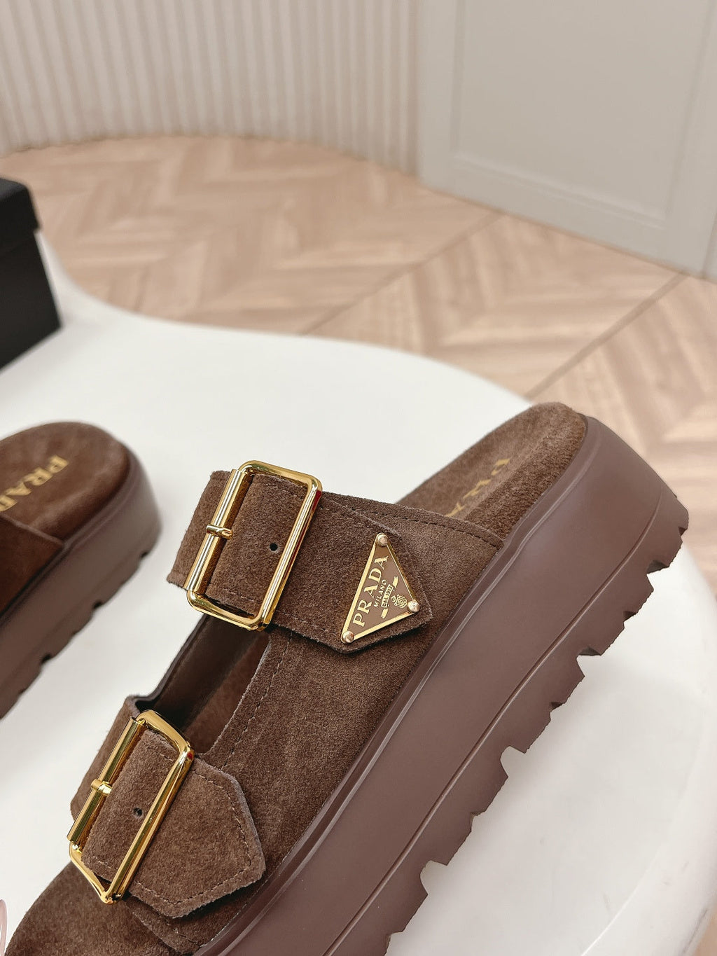 PRADA 26S DOUBLE STRAP PLATFORM SLIDES SANDALS IN BROWN SUEDE