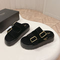PRADA 26S DOUBLE STRAP PLATFORM SLIDES SANDALS IN BLACK SUEDE