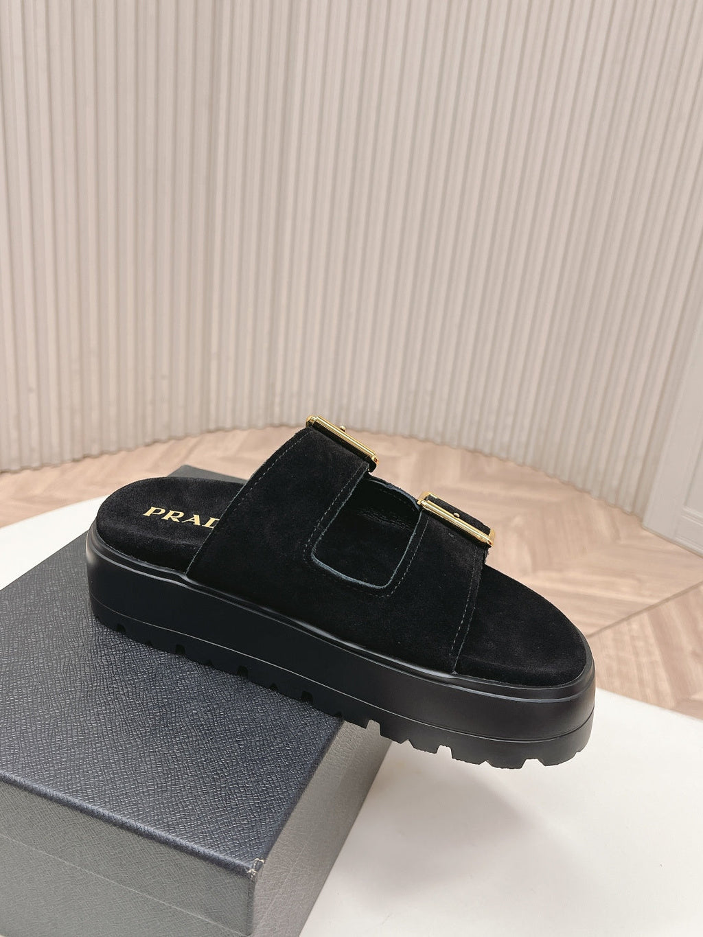 PRADA 26S DOUBLE STRAP PLATFORM SLIDES SANDALS IN BLACK SUEDE