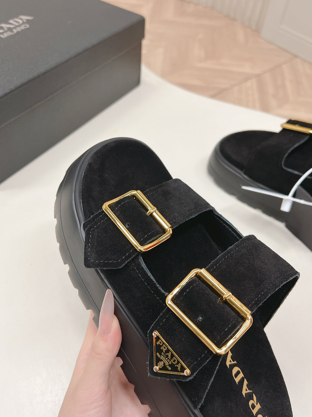 PRADA 26S DOUBLE STRAP PLATFORM SLIDES SANDALS IN BLACK SUEDE