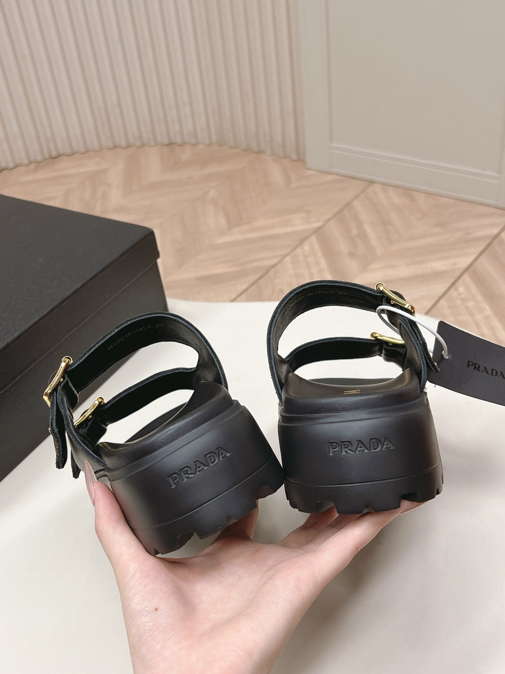 PRADA 26S DOUBLE STRAP PLATFORM SLIDES SANDALS IN BLACK CALFSKIN