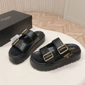 PRADA 26S DOUBLE STRAP PLATFORM SLIDES SANDALS IN BLACK CALFSKIN