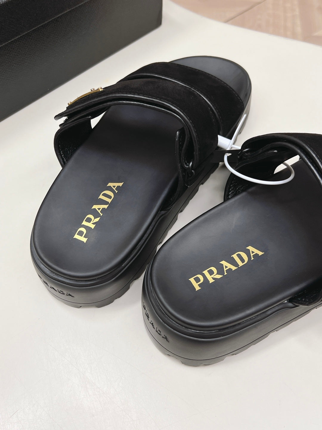 PRADA 26S DOUBLE STRAP PLATFORM SLIDES IN BLACK CALFSKIN WITH VELCRO