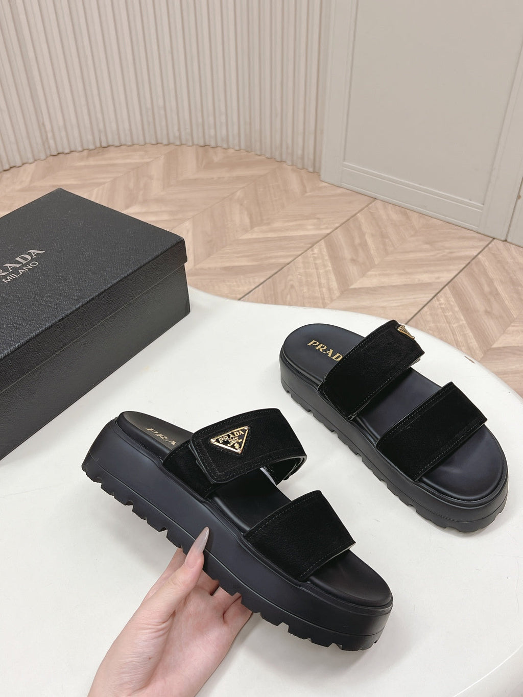 PRADA 26S DOUBLE STRAP PLATFORM SLIDES IN BLACK CALFSKIN WITH VELCRO