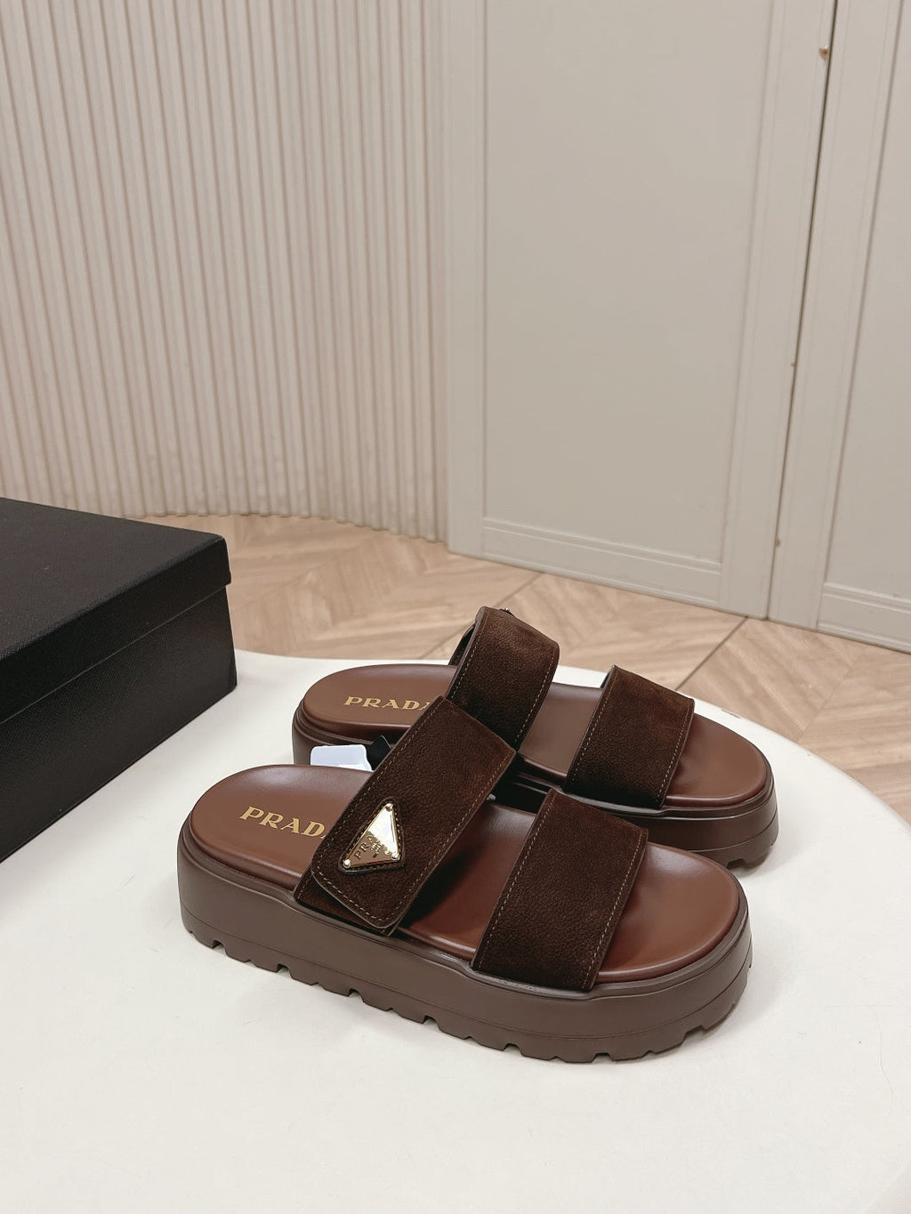 PRADA 26S DOUBLE STRAP PLATFORM SLIDES IN BROWN CALFSKIN WITH VELCRO