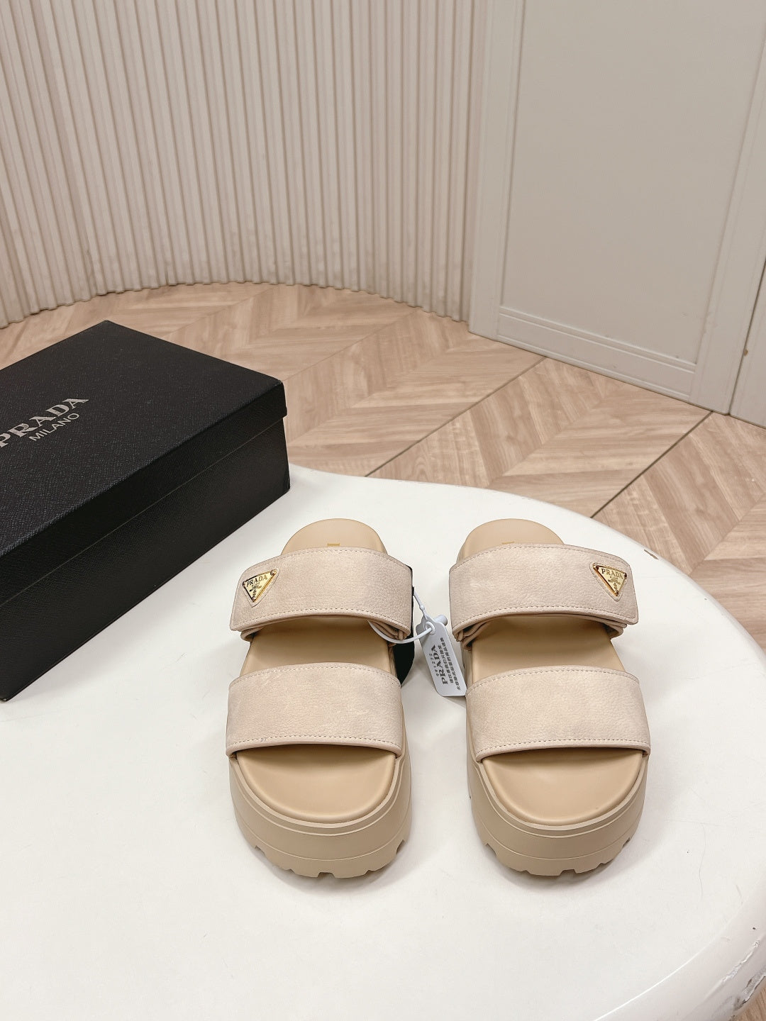 PRADA 26S DOUBLE STRAP PLATFORM SLIDES IN BEIGE CALFSKIN WITH VELCRO
