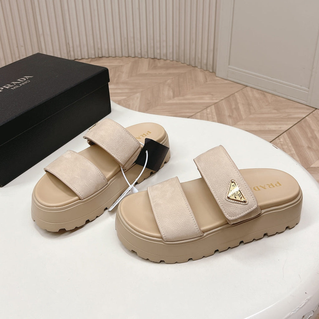 PRADA 26S DOUBLE STRAP PLATFORM SLIDES IN BEIGE CALFSKIN WITH VELCRO