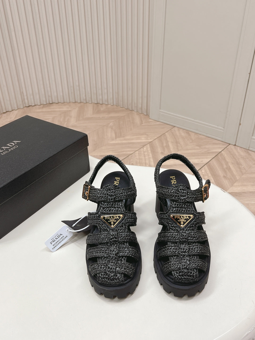 PRADA 26S HEELED FISHERMAN SANDALS IN BLACK RAFFIA AND CALFSKIN