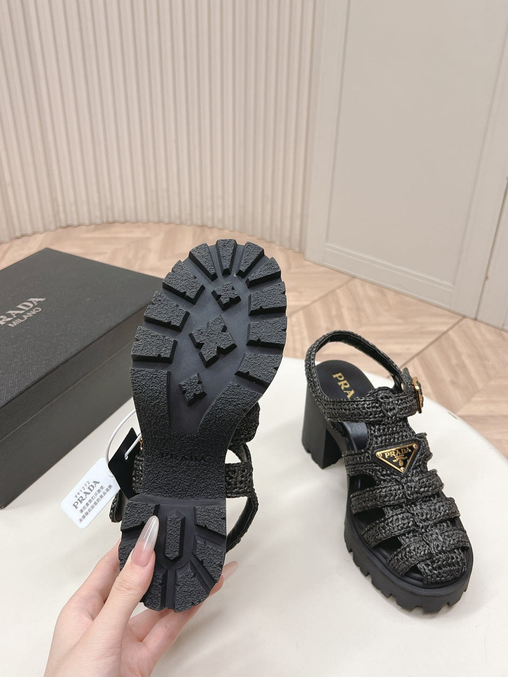 PRADA 26S HEELED FISHERMAN SANDALS IN BLACK RAFFIA AND CALFSKIN