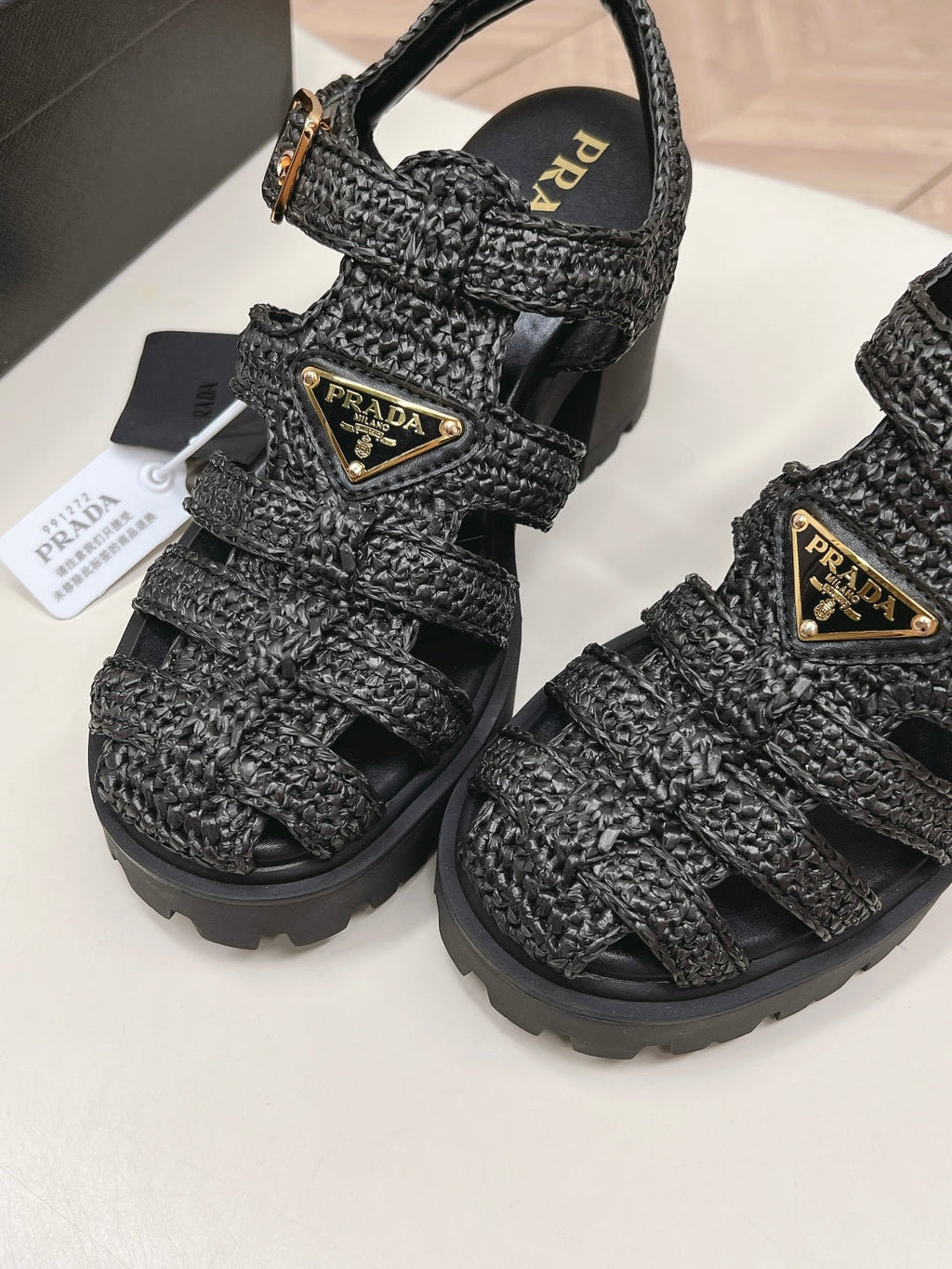 PRADA 26S HEELED FISHERMAN SANDALS IN BLACK RAFFIA AND CALFSKIN