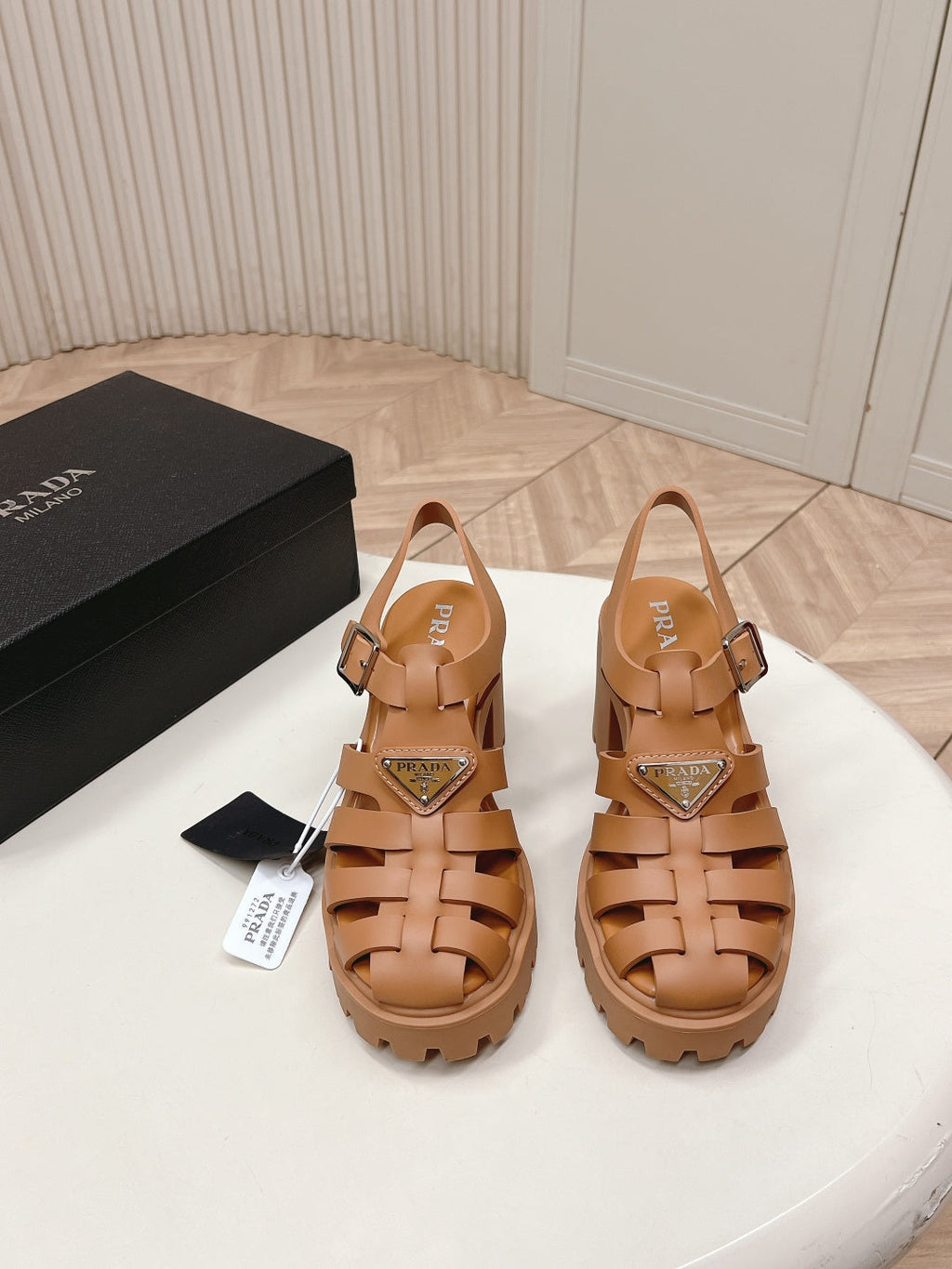 PRADA 26S CAGED PLATFORM HEEL SANDALS IN CARAMEL BROWN CALFSKIN