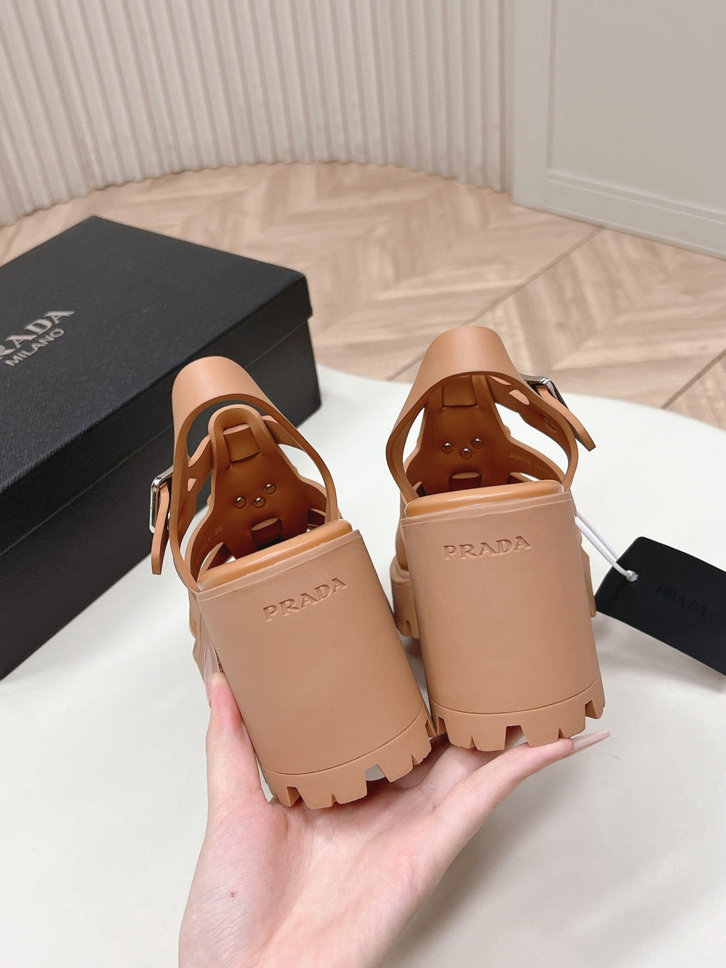 PRADA 26S CAGED PLATFORM HEEL SANDALS IN CARAMEL BROWN CALFSKIN