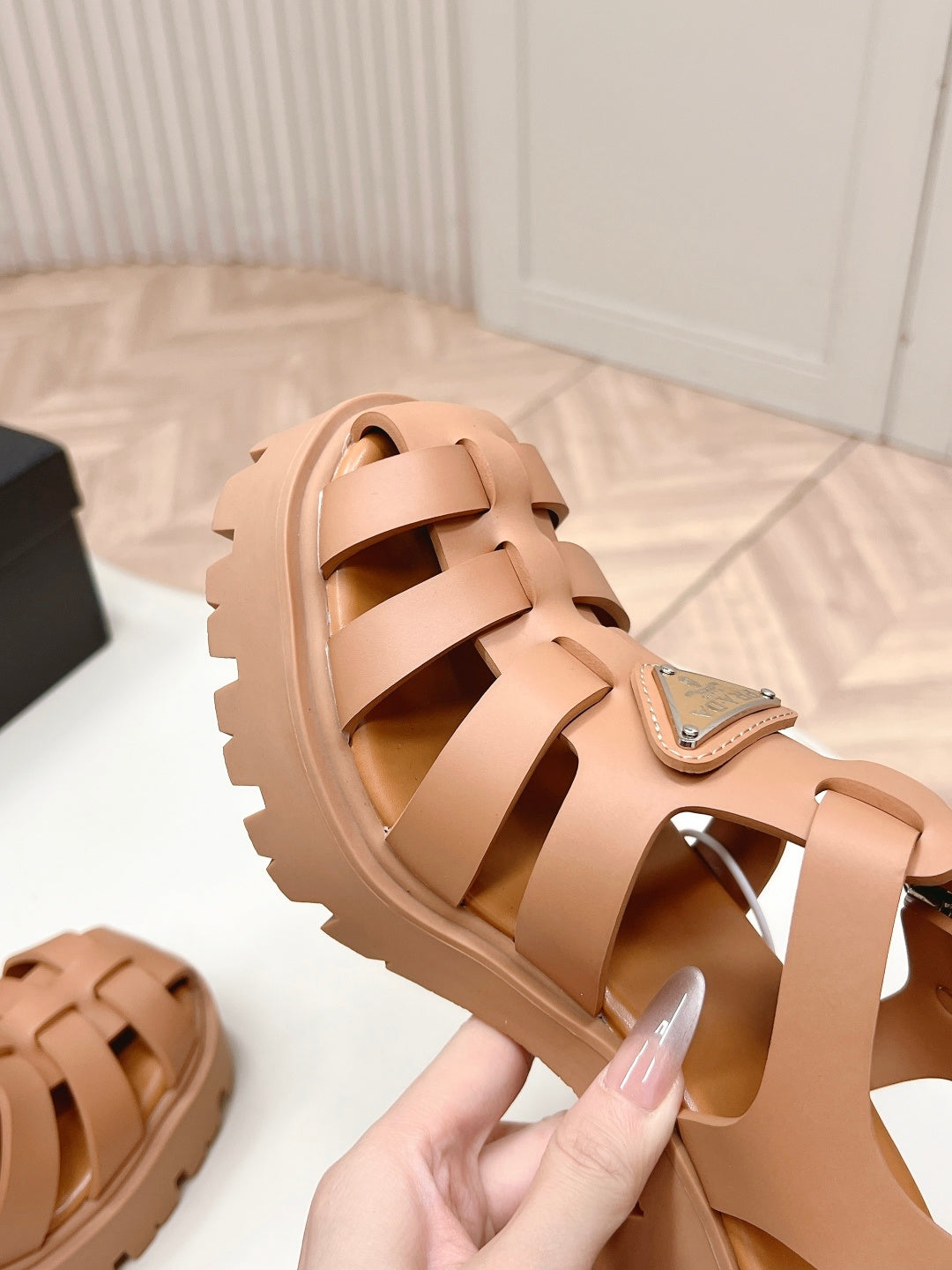 PRADA 26S CAGED PLATFORM HEEL SANDALS IN CARAMEL BROWN CALFSKIN