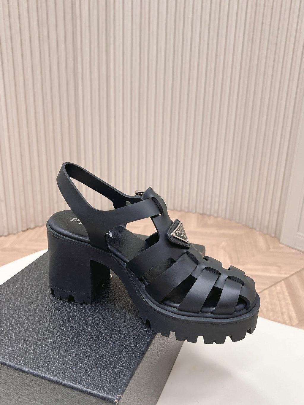 PRADA 26S CAGED PLATFORM HEEL SANDALS IN BLACK CALFSKIN