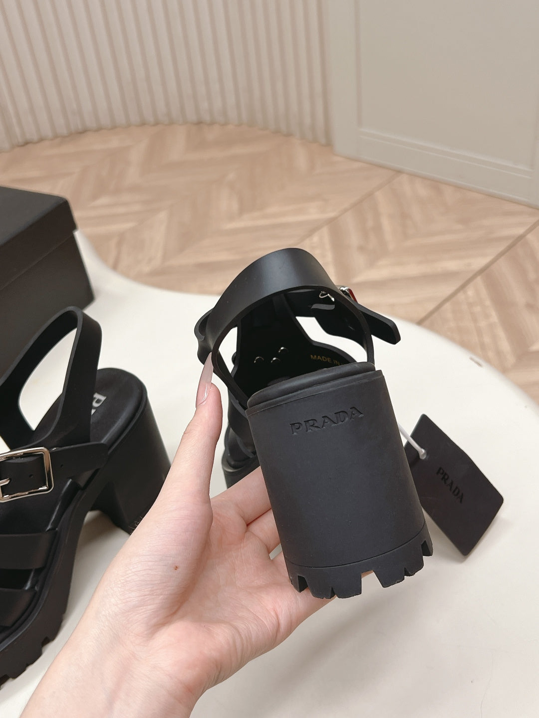PRADA 26S CAGED PLATFORM HEEL SANDALS IN BLACK CALFSKIN