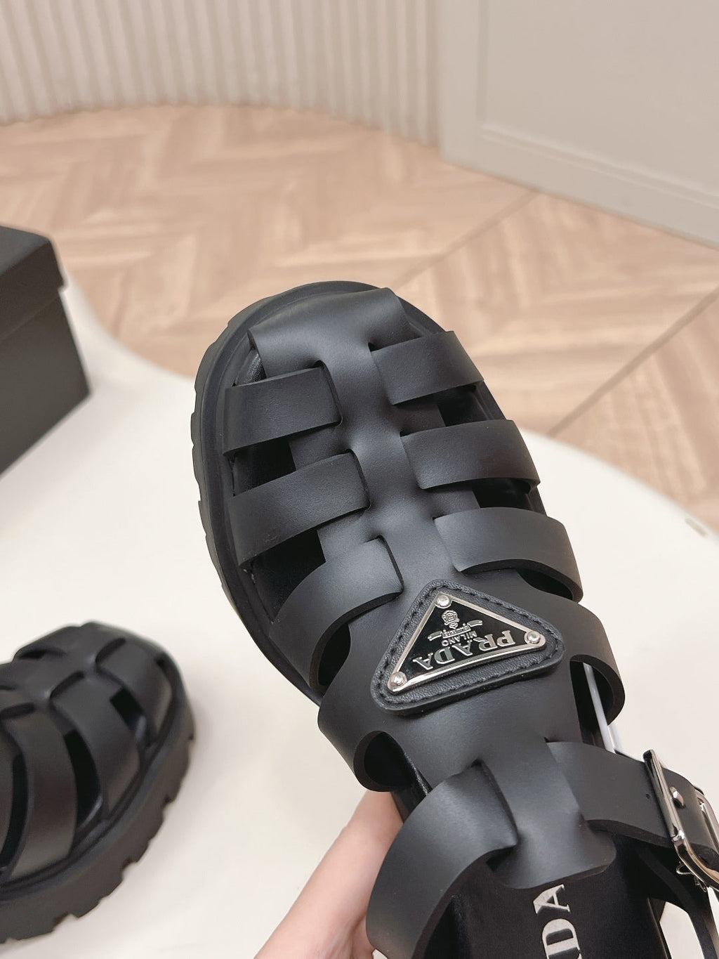 PRADA 26S CAGED PLATFORM HEEL SANDALS IN BLACK CALFSKIN