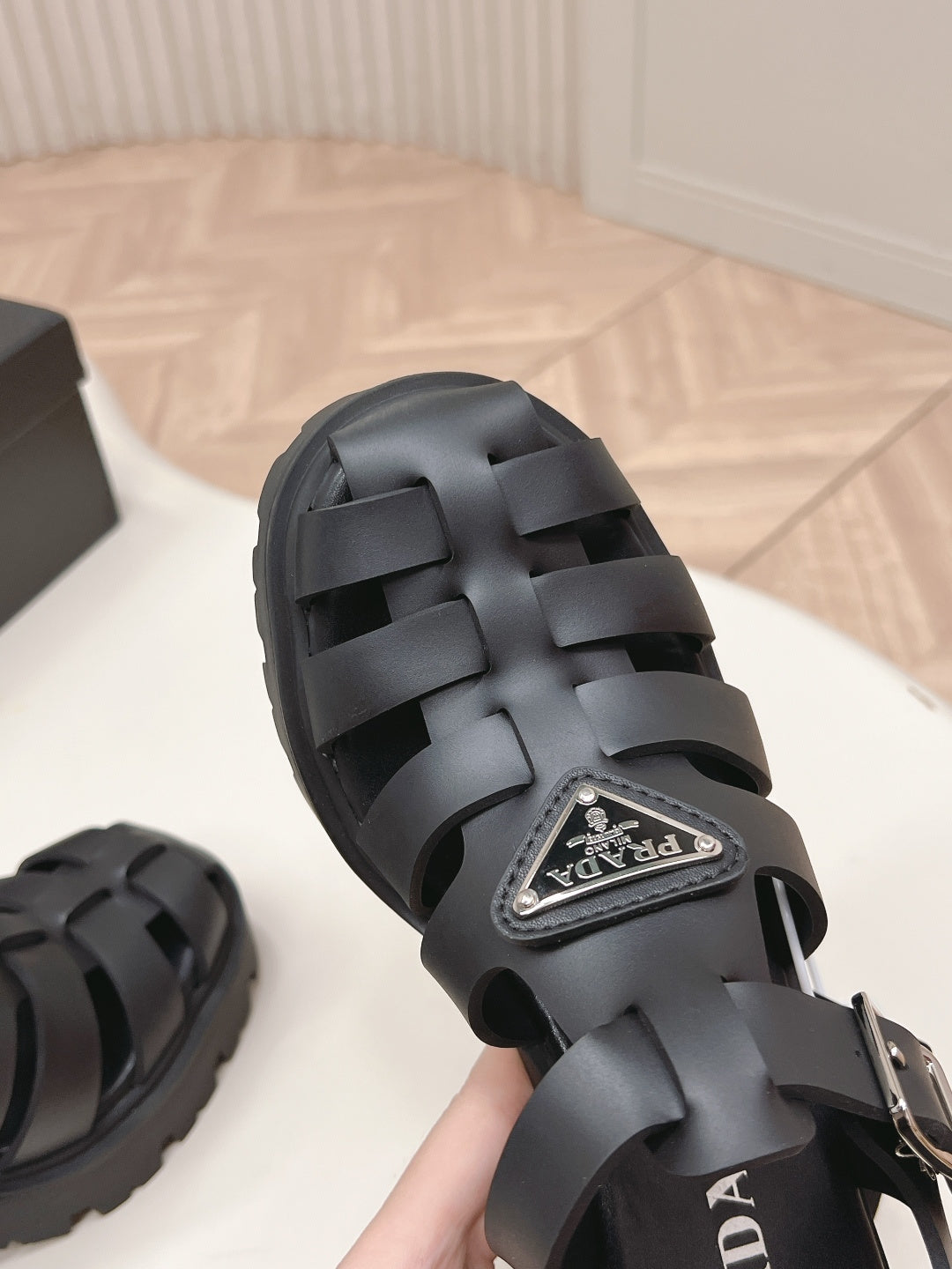 PRADA 26S CAGED PLATFORM HEEL SANDALS IN BLACK CALFSKIN
