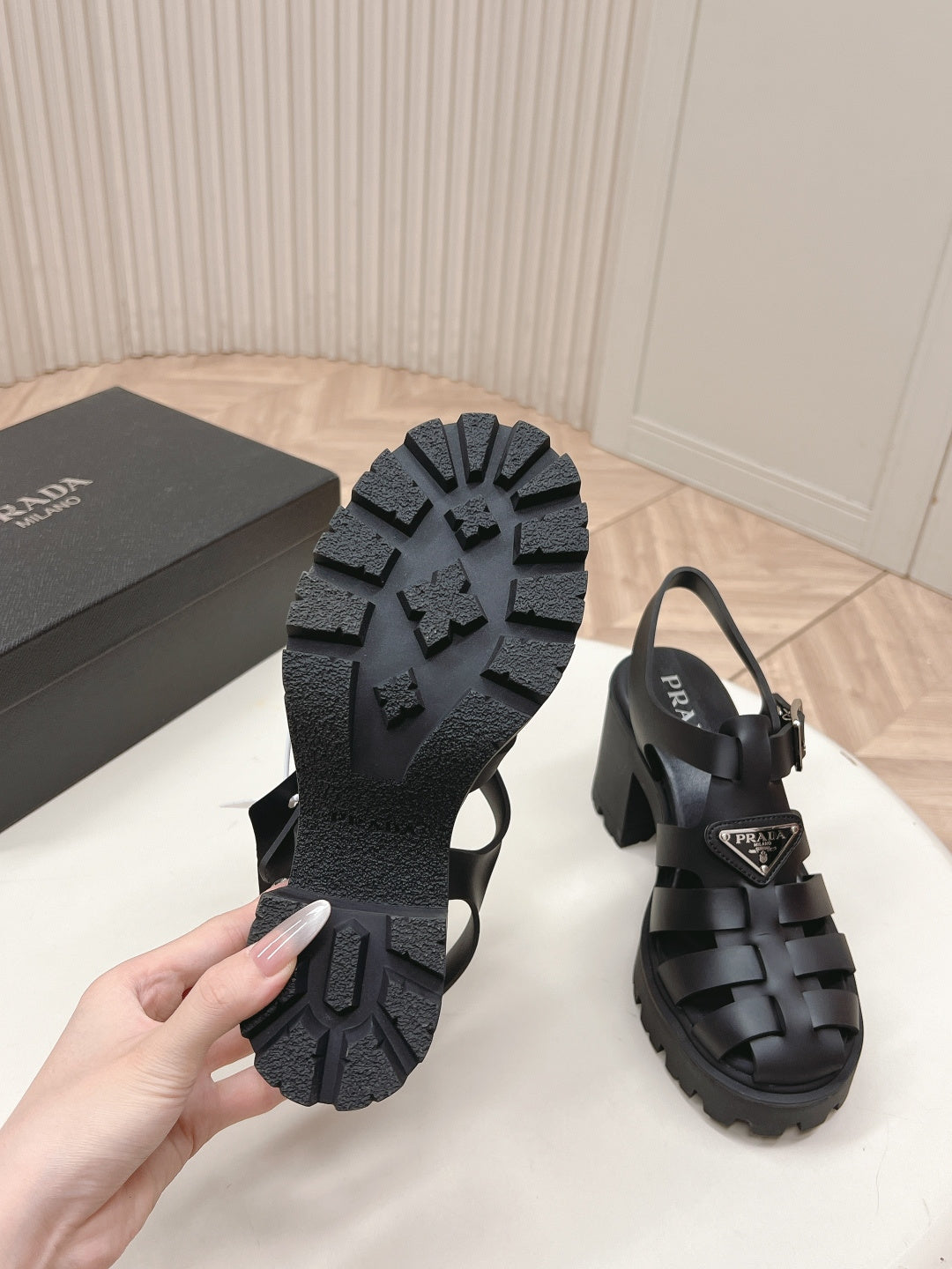 PRADA 26S CAGED PLATFORM HEEL SANDALS IN BLACK CALFSKIN