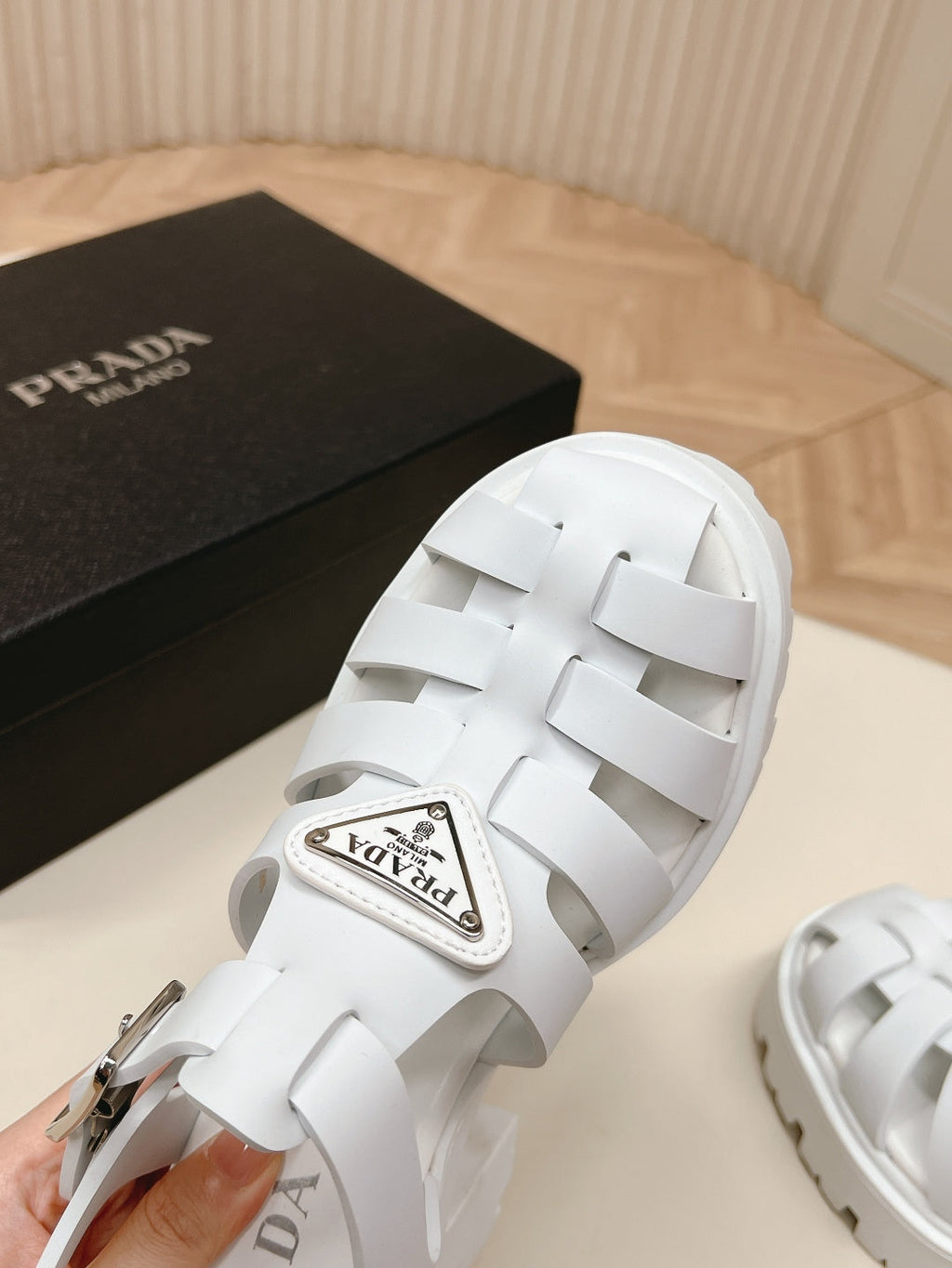PRADA 26S CAGED PLATFORM HEEL SANDALS IN WHITE CALFSKIN