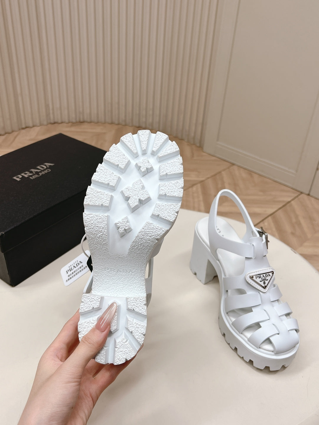 PRADA 26S CAGED PLATFORM HEEL SANDALS IN WHITE CALFSKIN