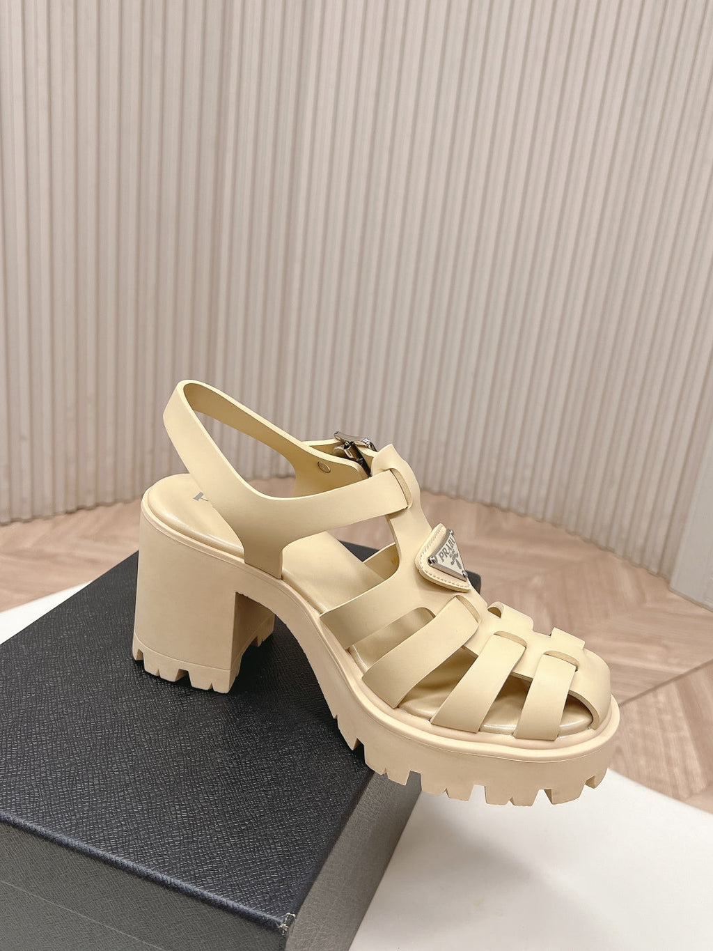 PRADA 26S CAGED PLATFORM HEEL SANDALS IN BEIGE CALFSKIN