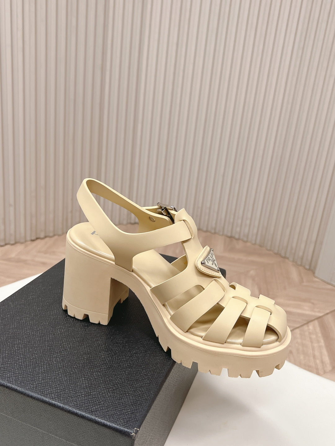PRADA 26S CAGED PLATFORM HEEL SANDALS IN BEIGE CALFSKIN