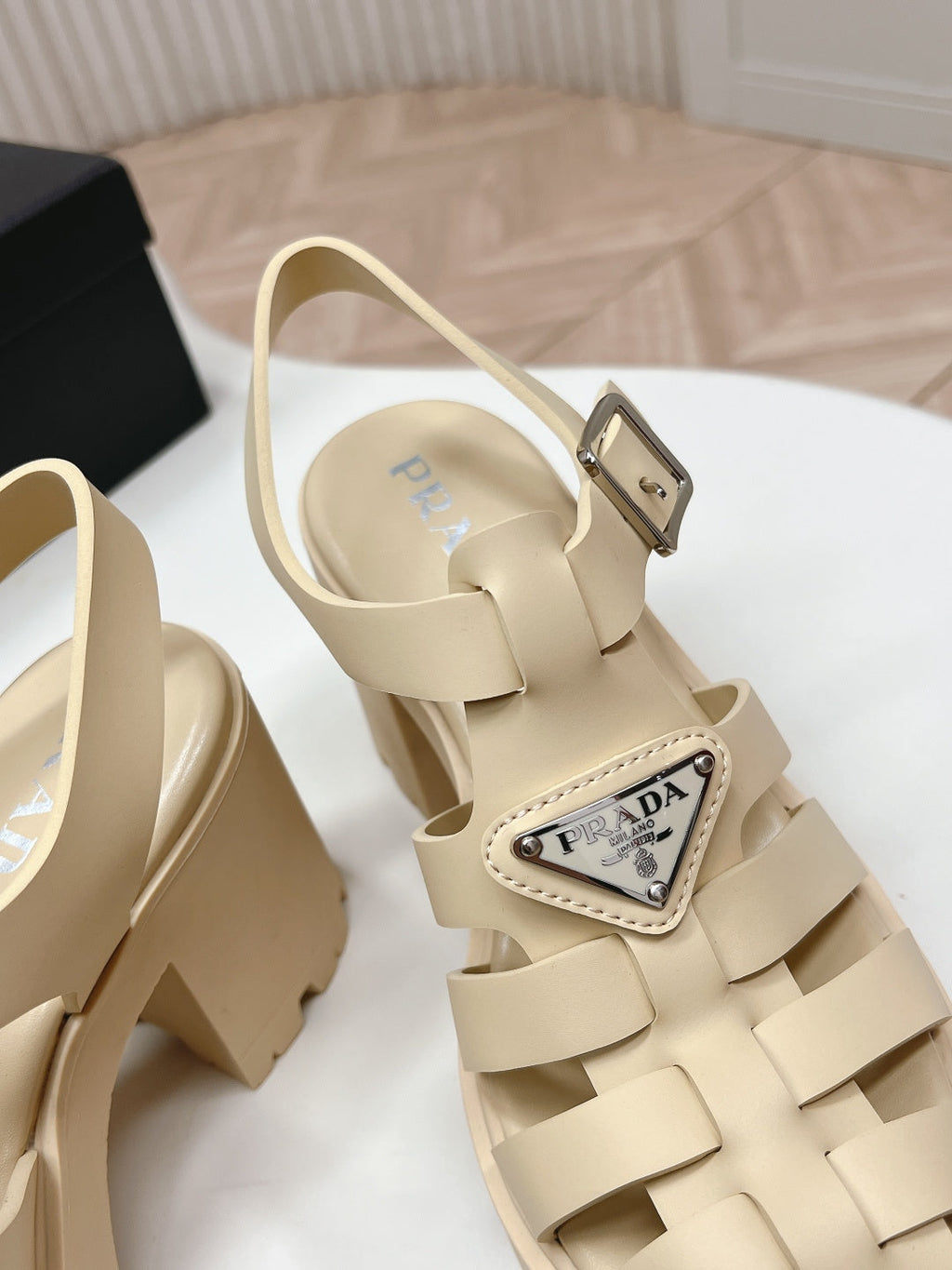 PRADA 26S CAGED PLATFORM HEEL SANDALS IN BEIGE CALFSKIN