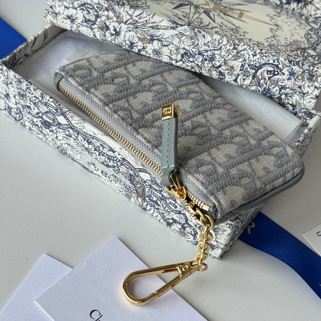 DIOR 25S TRAVEL MYRTE ZIPPED KEY CASE 14 IN GRAY DIOR OBLIQUE JACQUARD CANVAS
