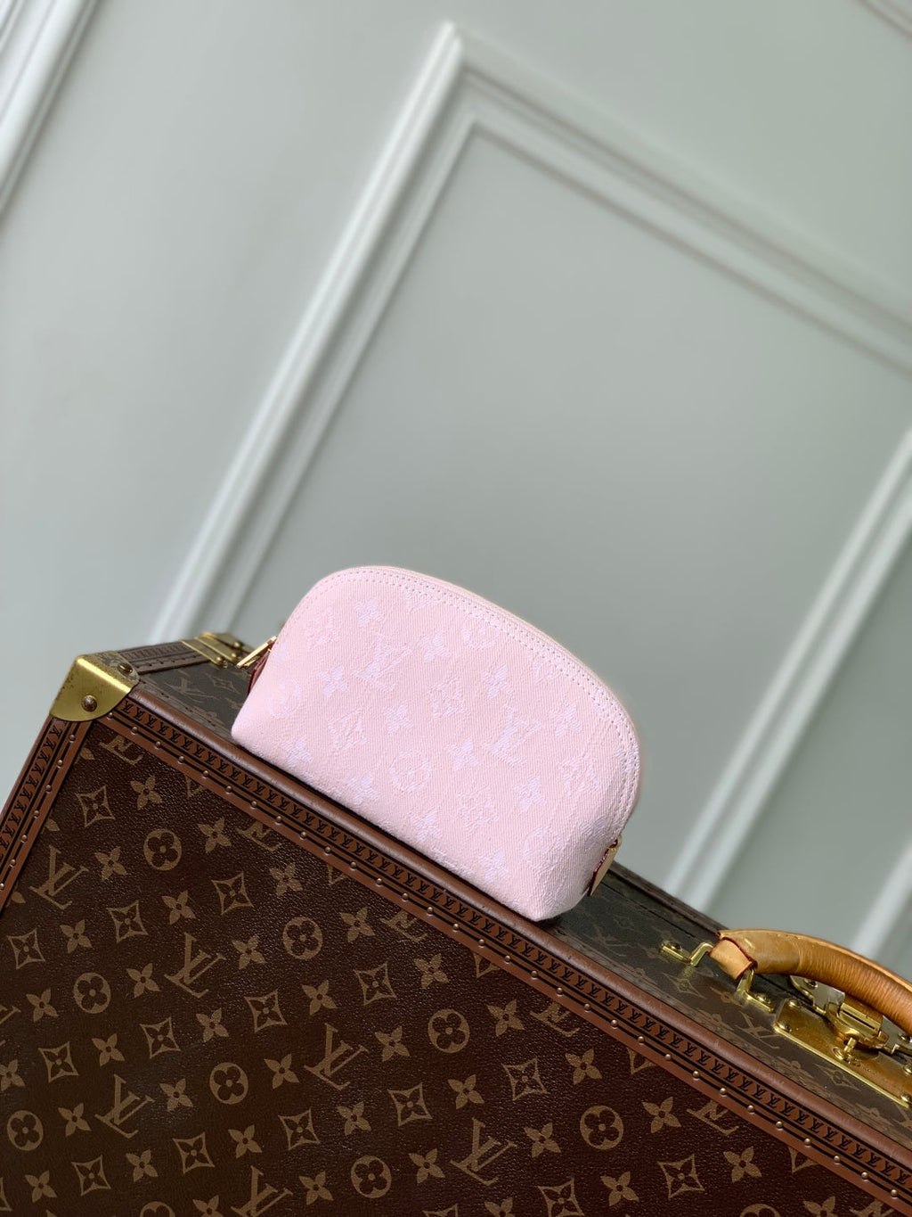COSMETIC POUCH 19 IN PINK MONOGRAM DENIM GOLD HARDWARE