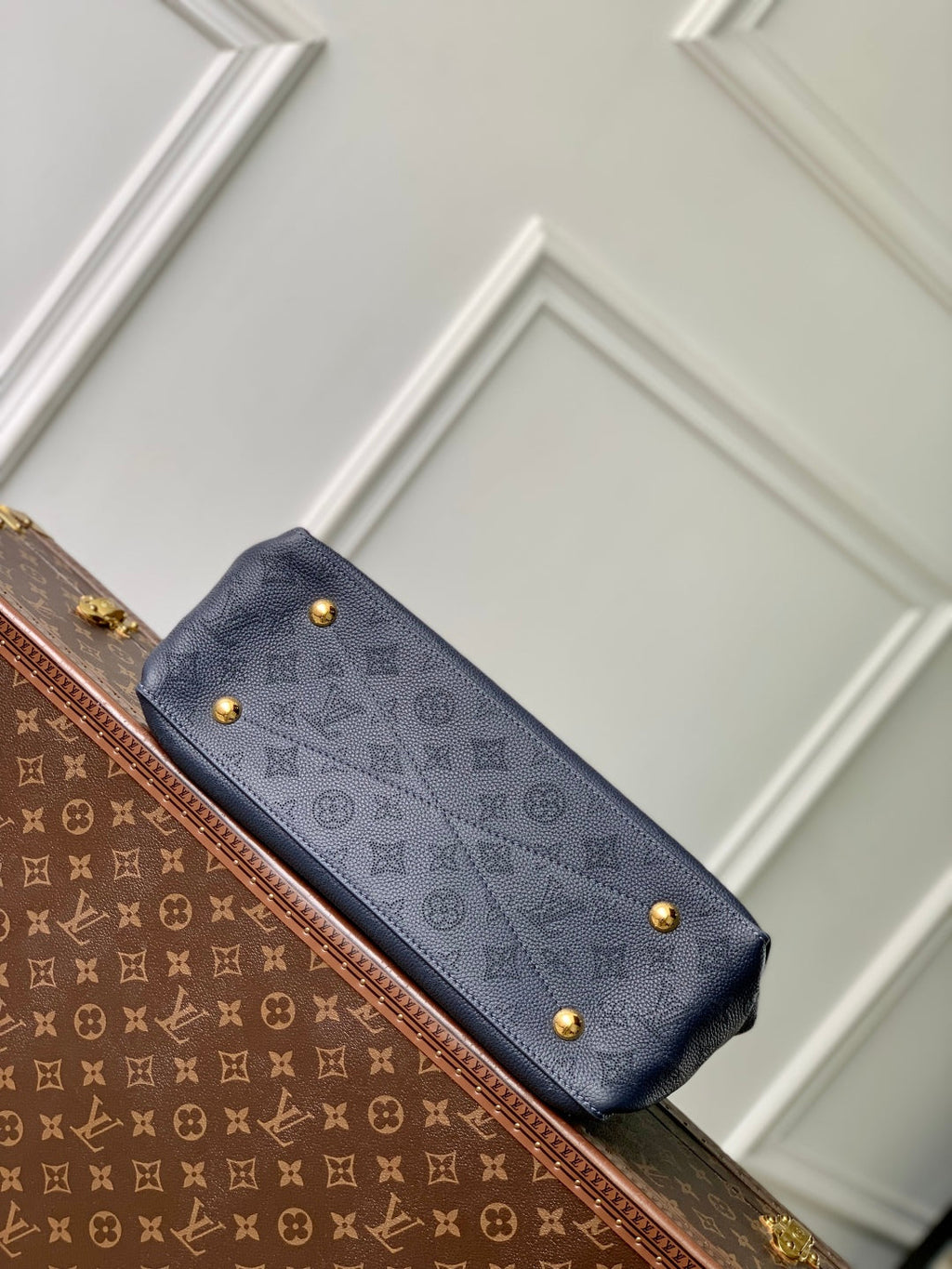 BELLA TOTE 32 IN DARK BLUE MONOGRAM PERFORATED CALFSKIN GOLD HARDWARE