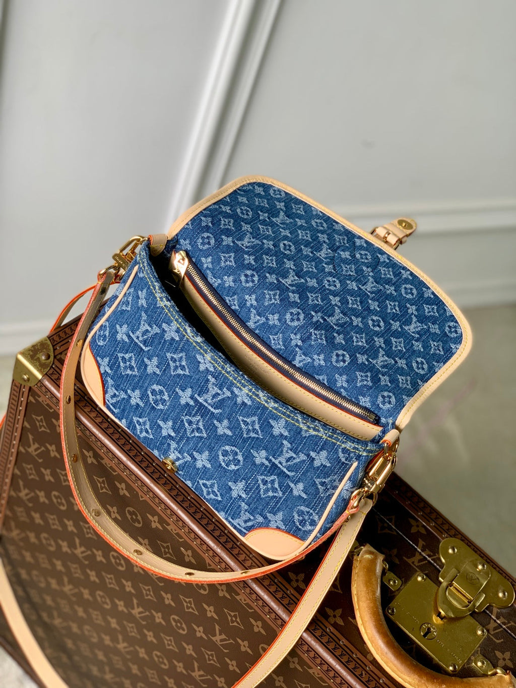 DIANE 24 IN DENIM BLUE MONOGRAM COWHIDE LEATHER TRIM