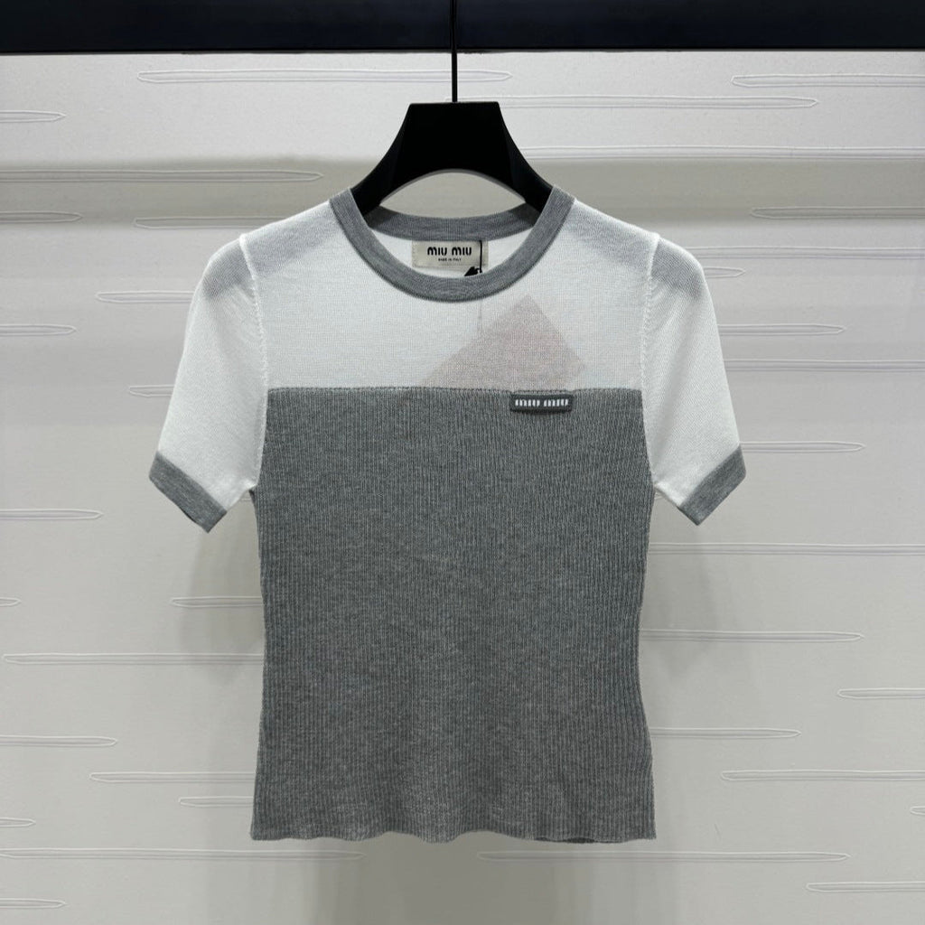 MIUMIU CREW NECK SHORT-SLEEVE SHEER KNIT TOP 274812