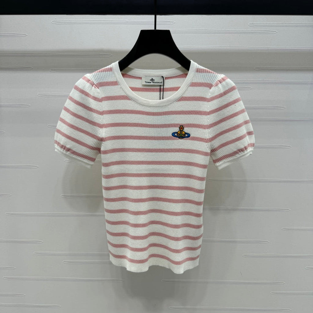 VIVIENE 25S SHORT SLEEVE STRIPED ROUND NECK KNIT SWEATER 264248