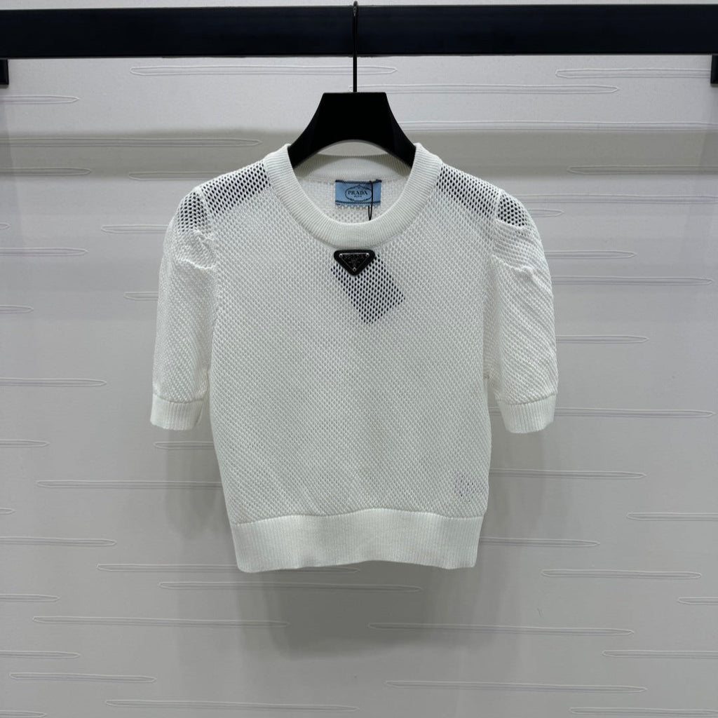 PRAD 25S HOLLOW KNIT SHORT SLEEVE TOP 264134