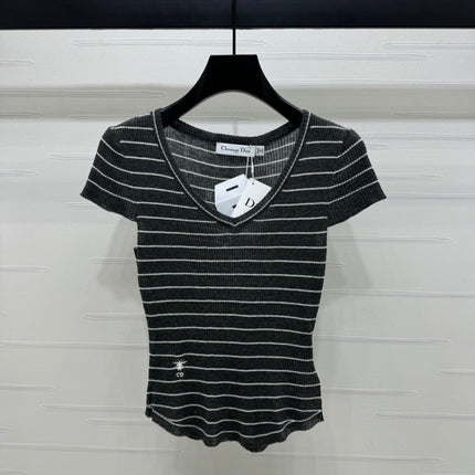 DIOR 25S SHORT SLEEVE STRIPED V-NECK SWEATER 264077