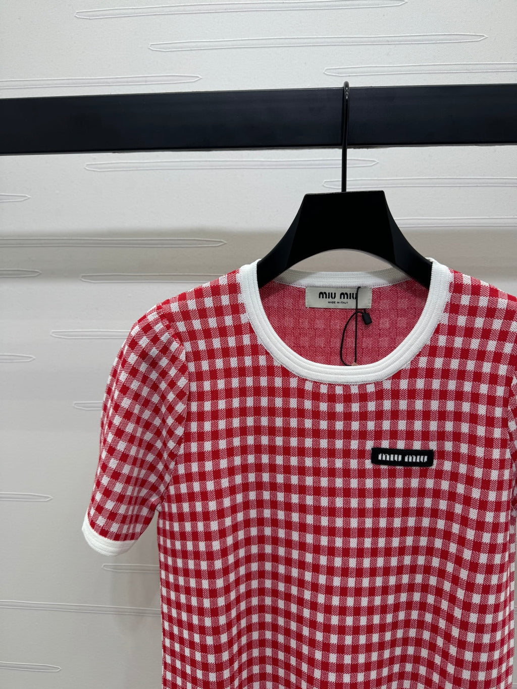 MIUMIU CREW NECK SHORT-SLEEVE PLAID KNIT TOP 274834