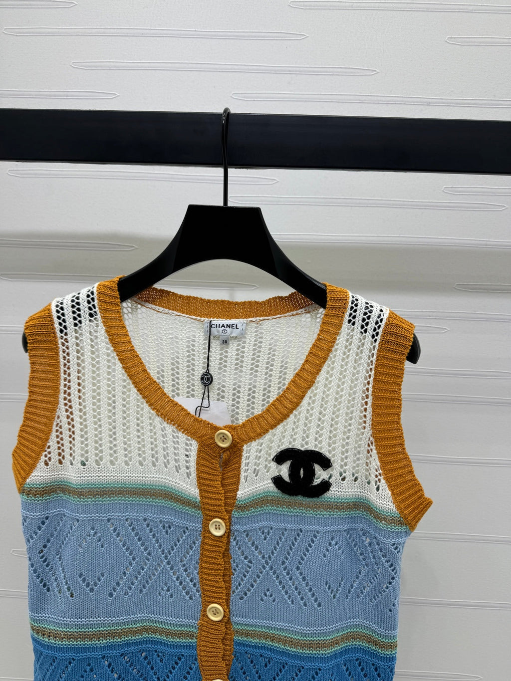 CHANEL EMBROIDERED LOGO OPEN-KNIT VEST 274868