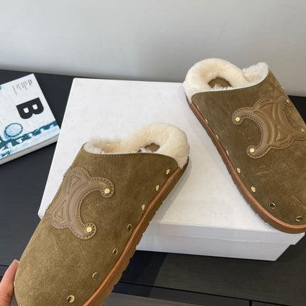 CELINE 26S FUR-LINED MULES IN OLIVE GREEN SUEDE