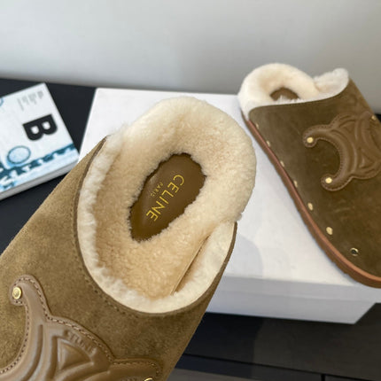CELINE 26S FUR-LINED MULES IN OLIVE GREEN SUEDE